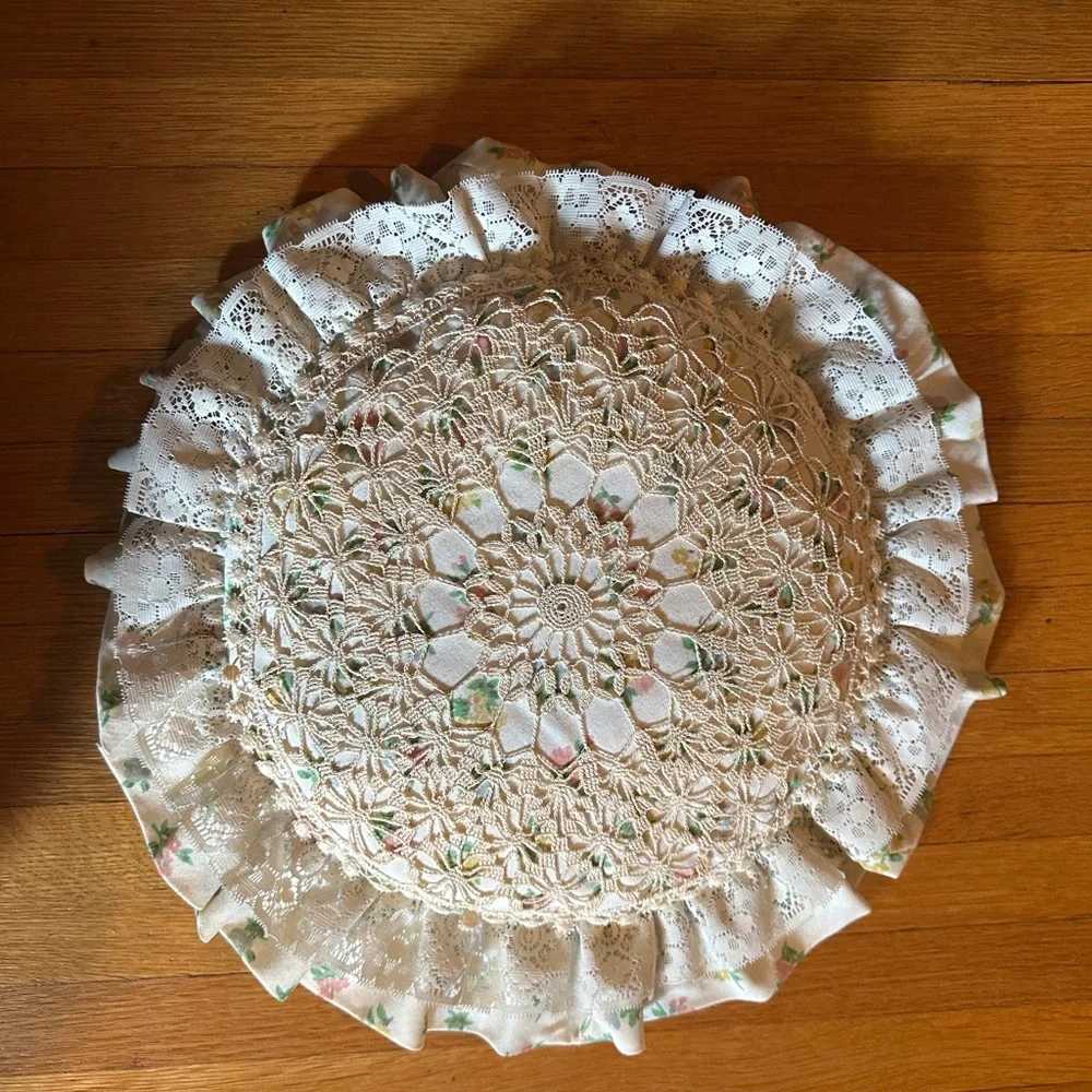 Shabby Chic Floral and Crocheted Cottagecore Circular Throw Pillow